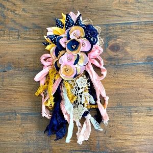 Pink Navy and Mustard Fabric Flower Pin Brooch